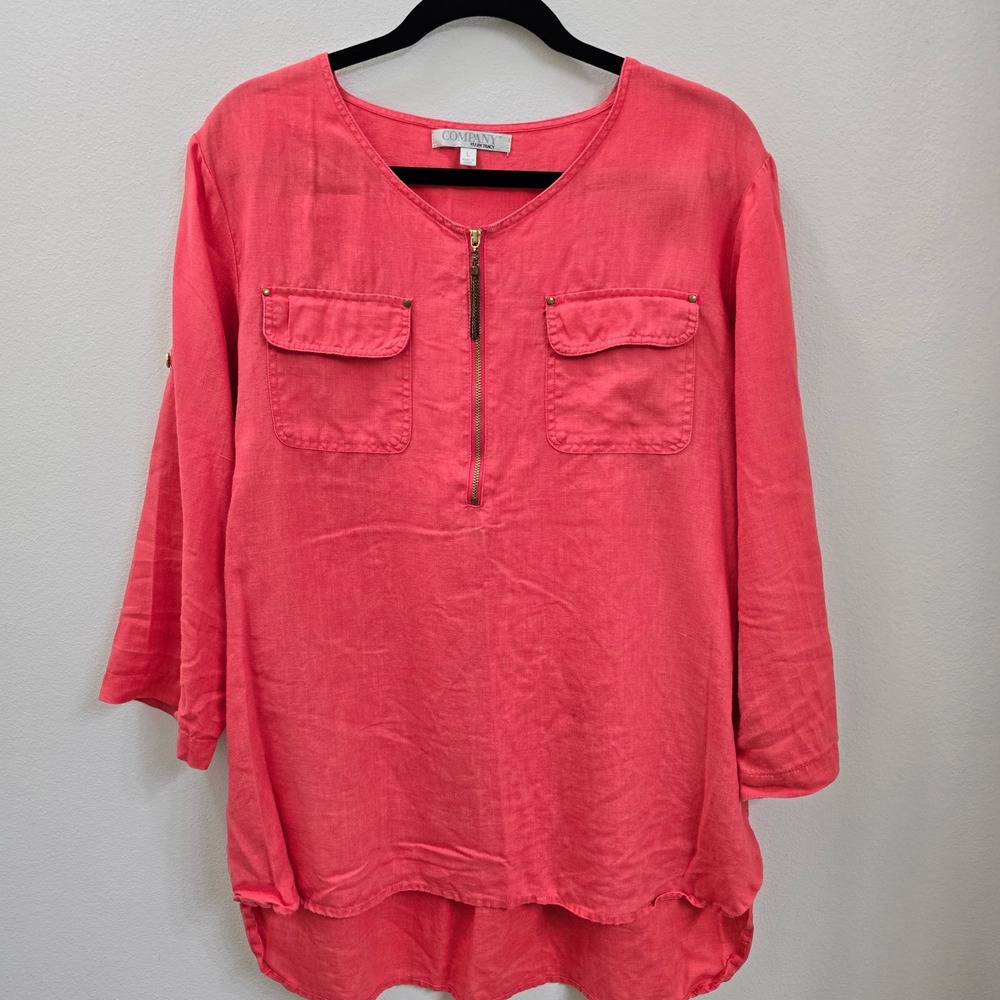 Company Ellen Tracy Coral Pink Linen Half Zip Roll Tab Sleeve Tunic Top Large